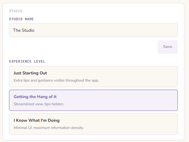 Rename your studio and set your experience level