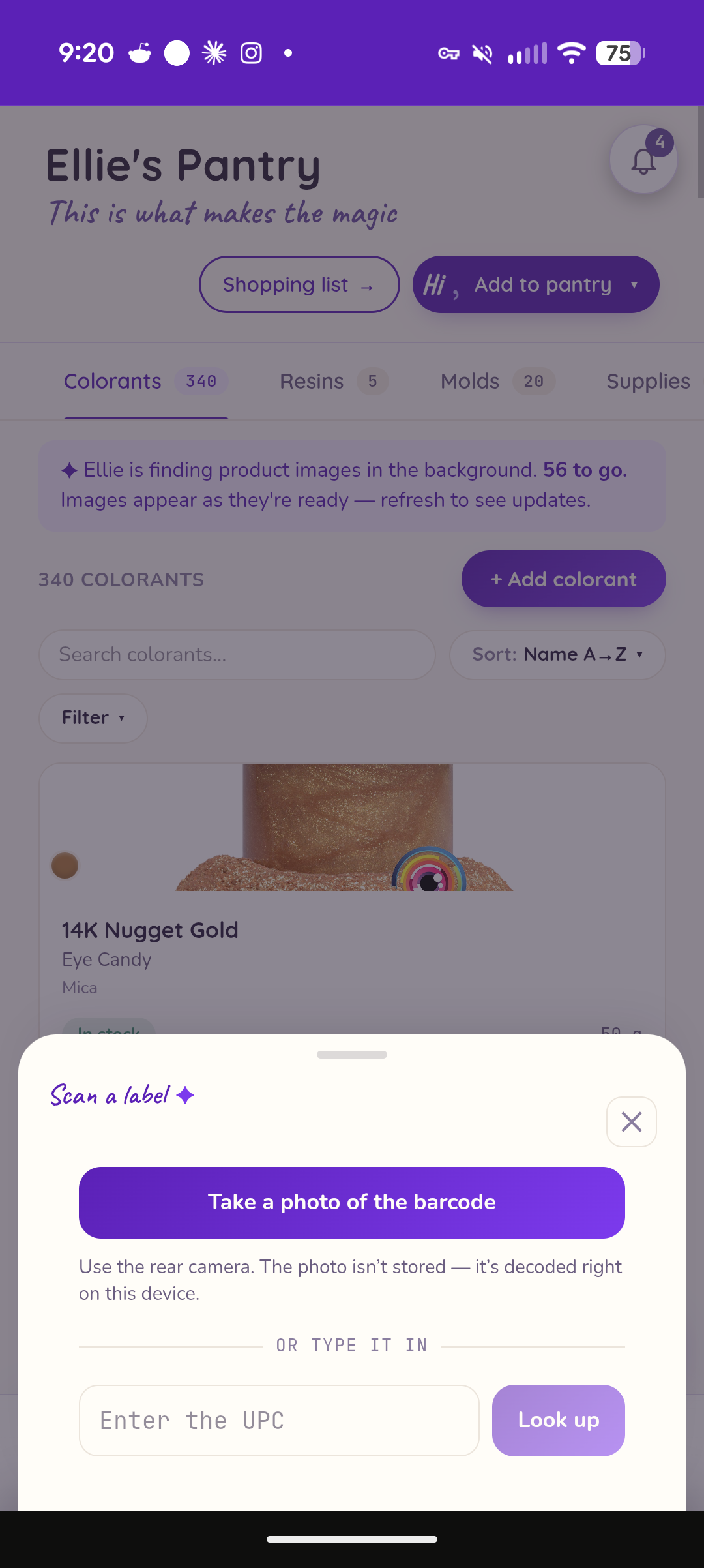 Select take a photo of the barcode or type the UPC in by hand