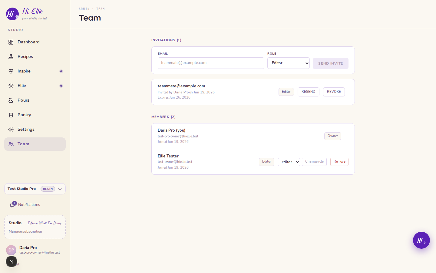 The Team page — invite someone by email and role, with your pending invites and current members listed below