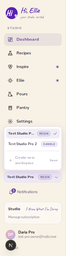 The workspace switcher, open — each studio you belong to, with the active one checked