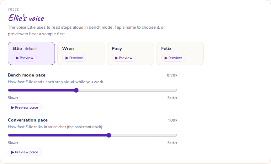 The Voice picker in Settings — Ellie, Wren, Posy, and Felix, each with a Preview button