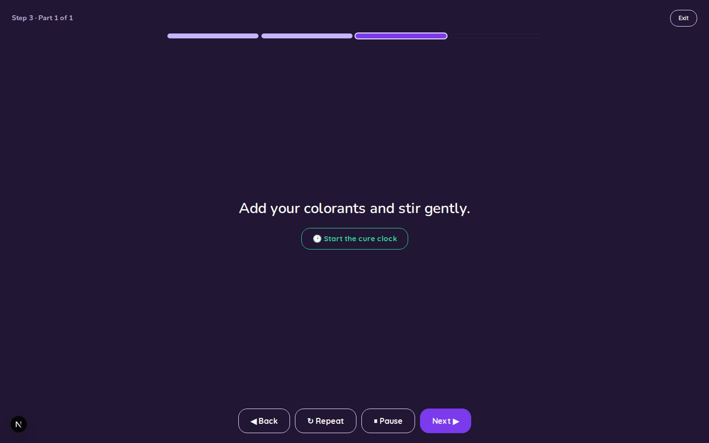 Bench Mode — the segmented progress bar at the top showing completed, current, and upcoming steps