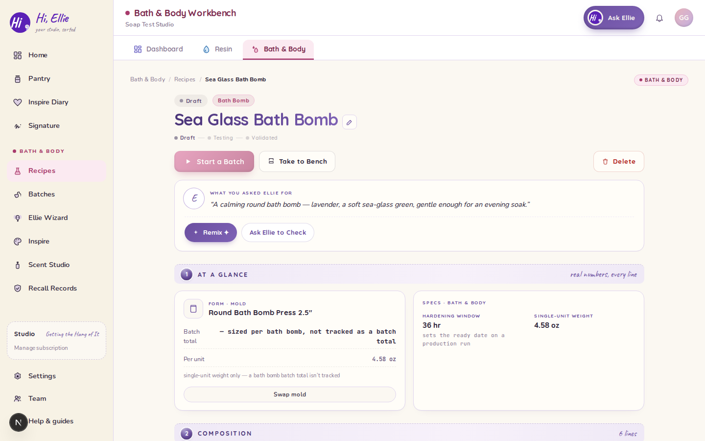 A saved bath bomb recipe
