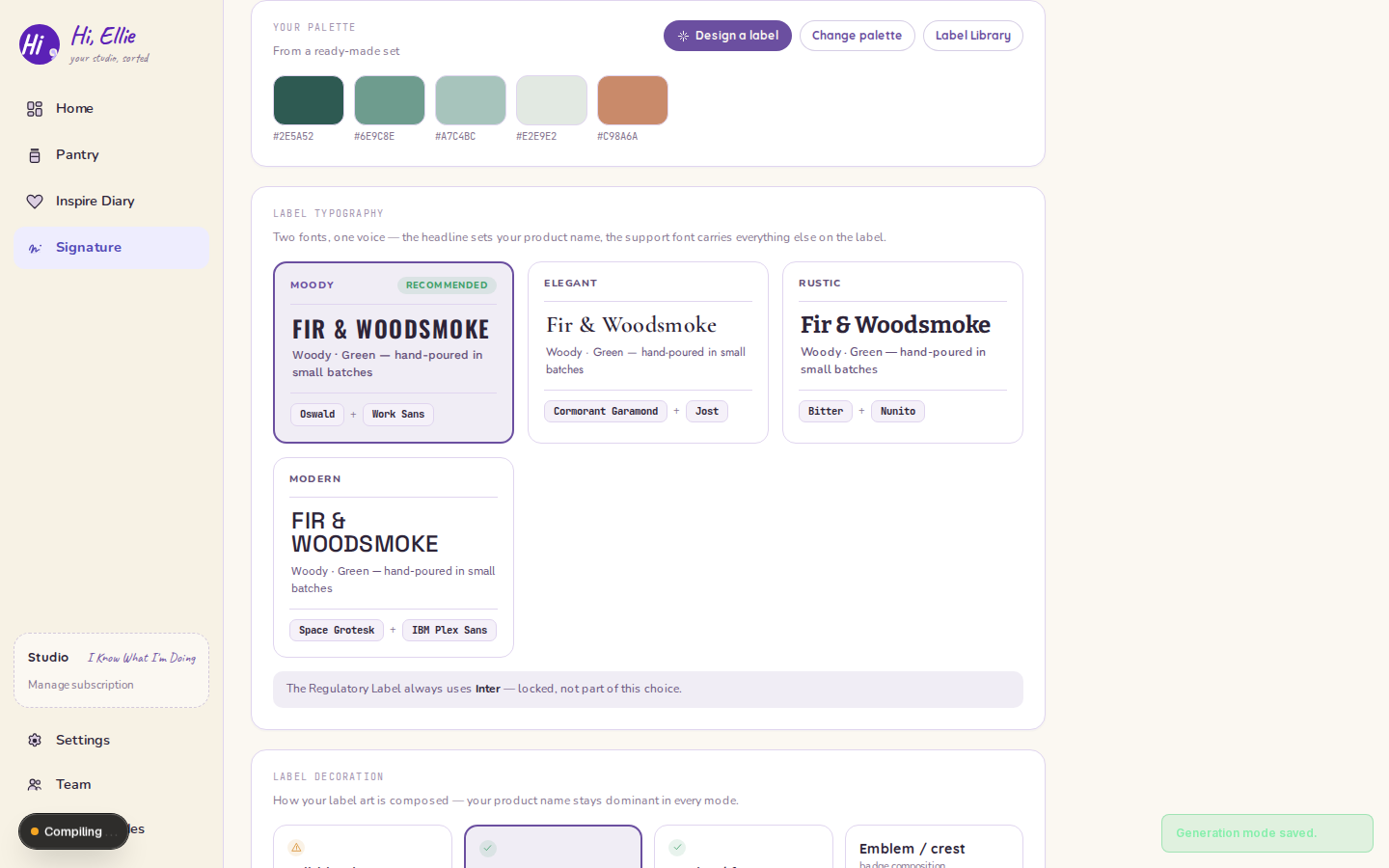 The Brand Kit, with a locked palette and the decoration modes